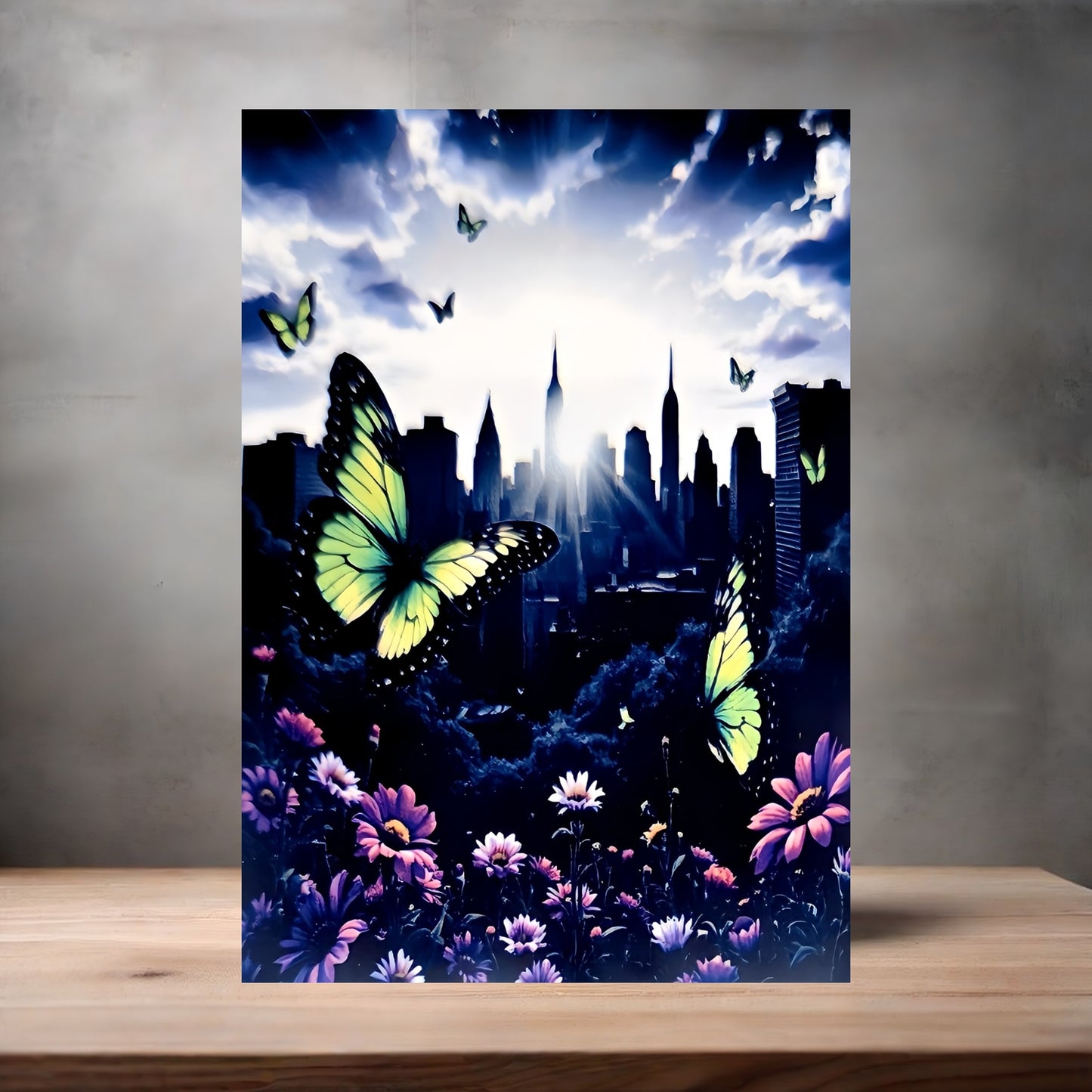 Colorful butterflies with city backdrop poster on aluminum print. Multiple sizes available