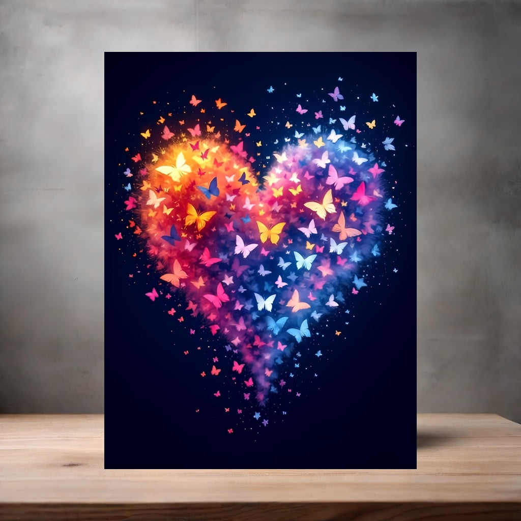 Colorful butterflies forming a heart shape poster on aluminum print. Multiple sizes available