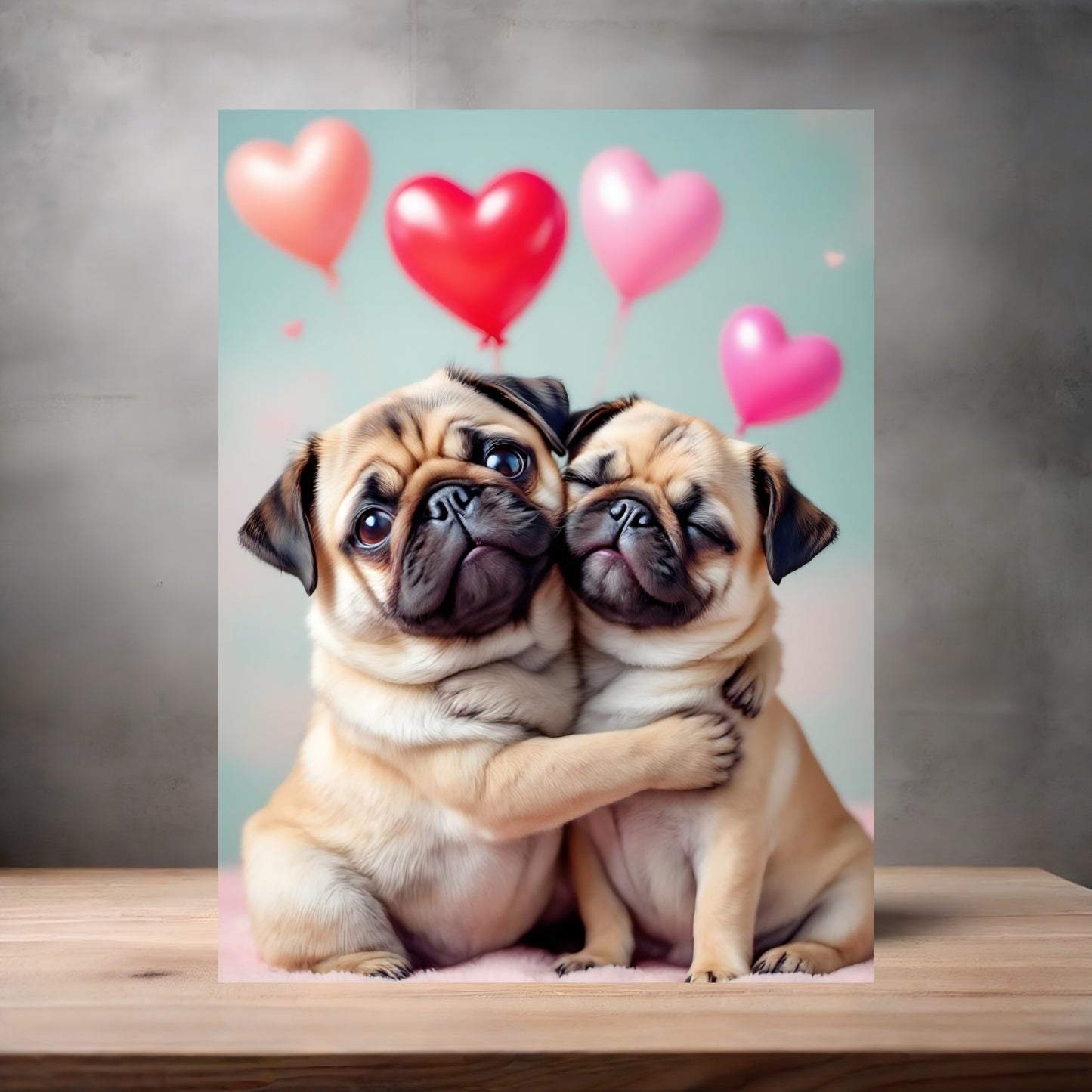 Hugging pugs poster on aluminum print. Multiple sizes available