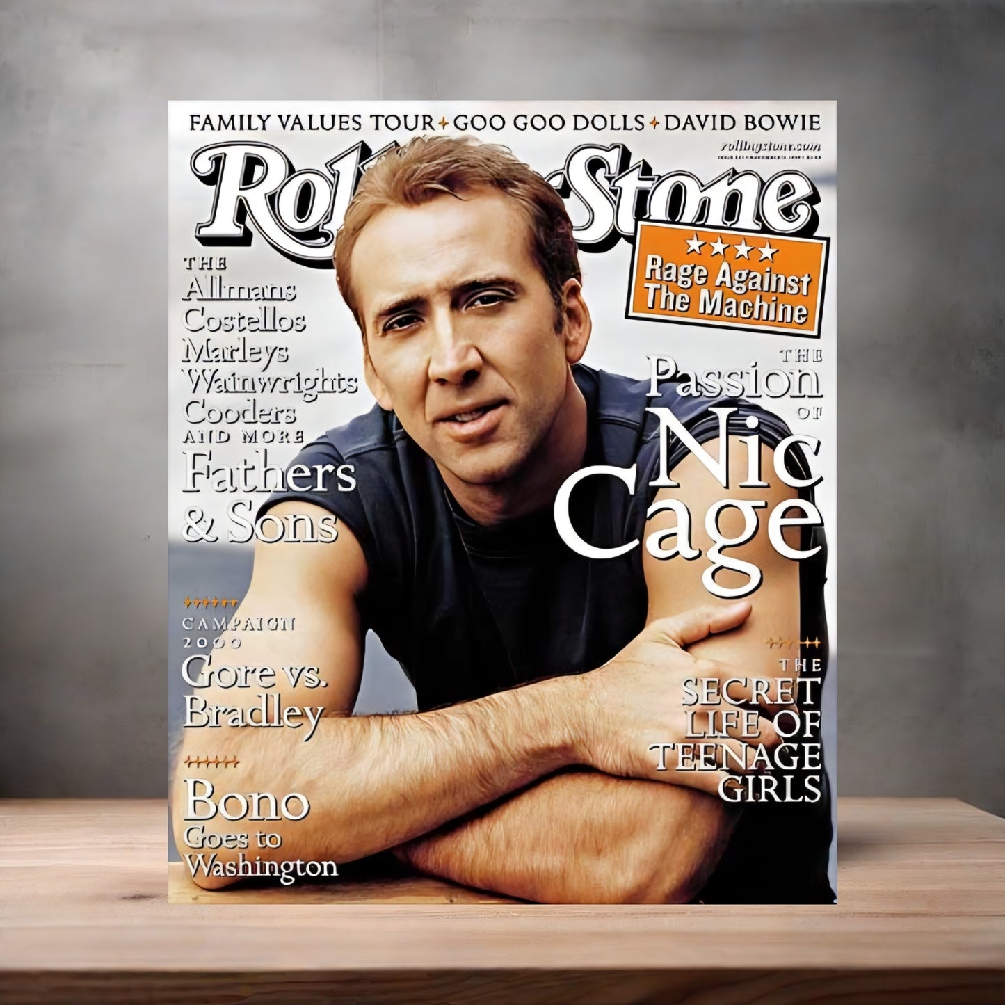 Nic Cage Rolling Stone magazine poster on aluminum print. Multiple sizes available