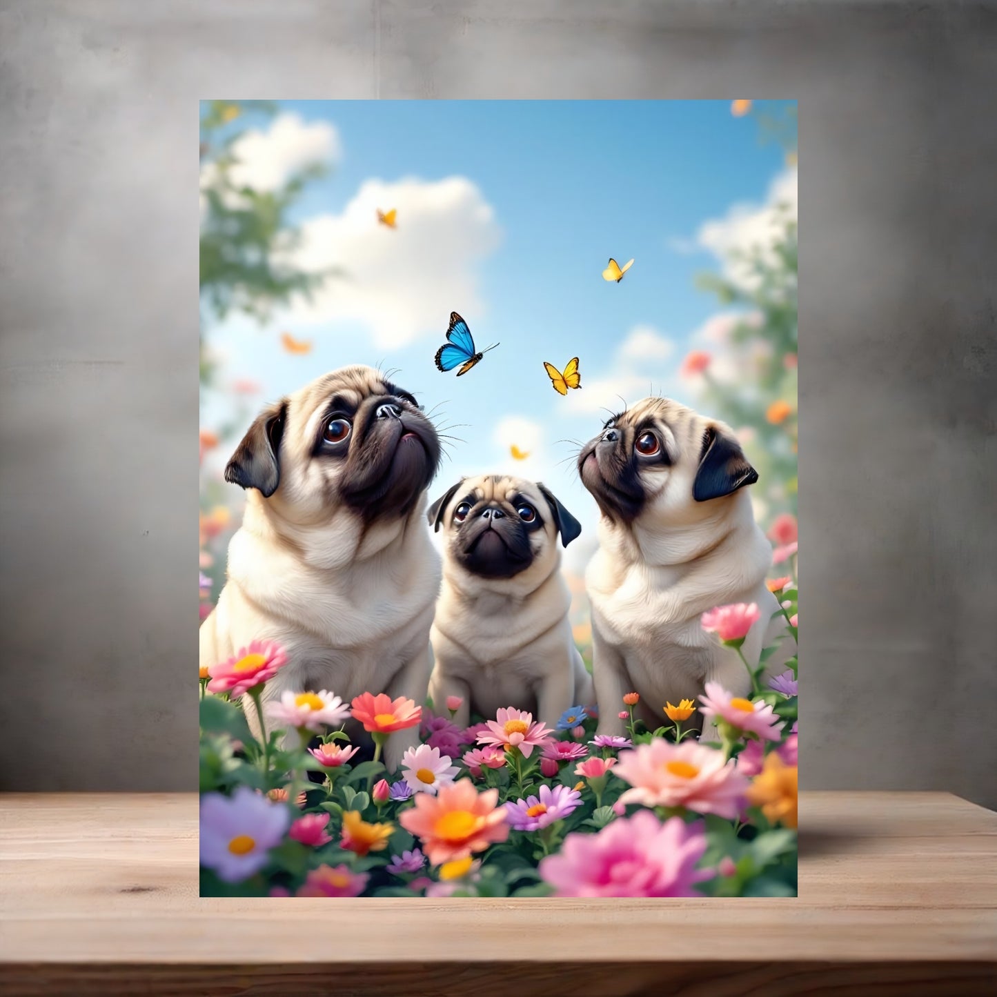 Pugs chasing butterflies poster on aluminum print. Multiple sizes available
