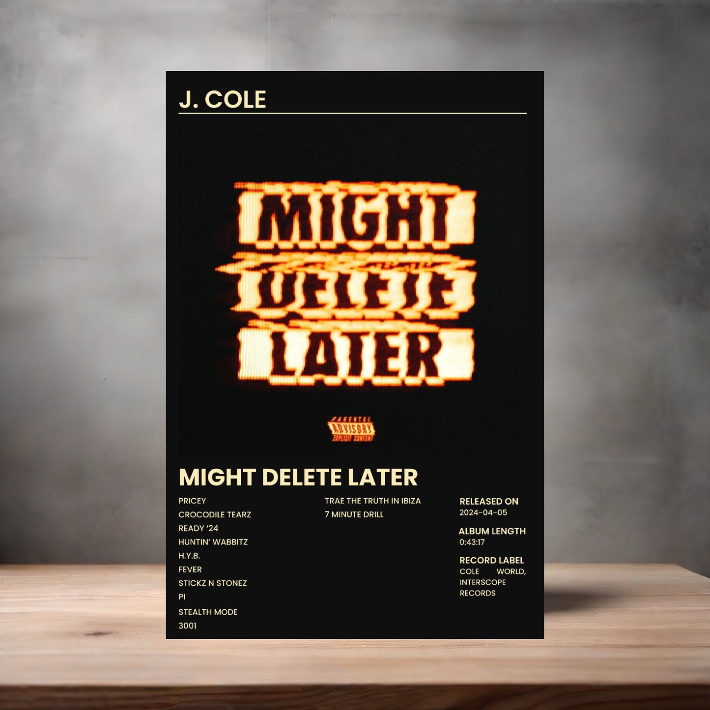 J. Cole album poster Might Delete Later on aluminum print. Multiple sizes available