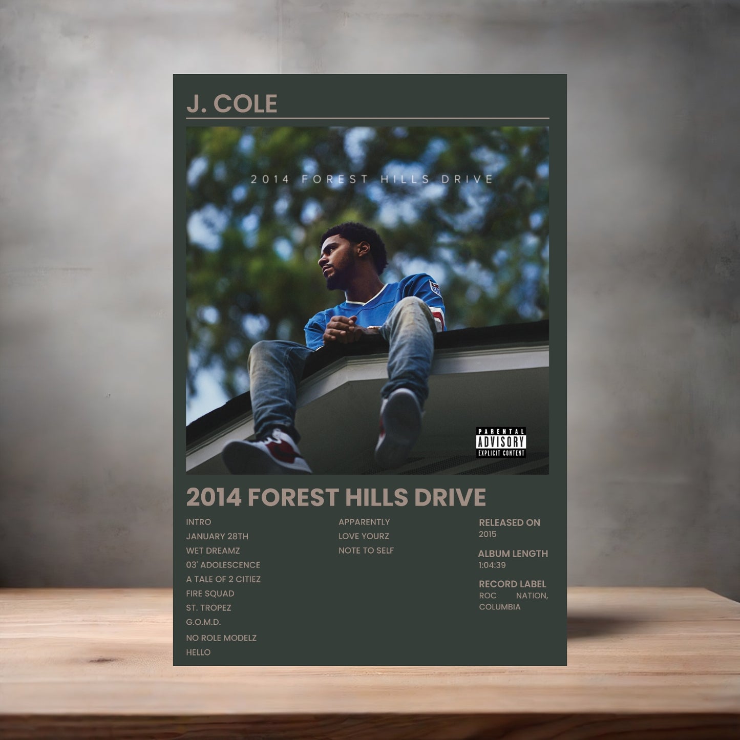 J. Cole album poster 2014 Forest Hills Drive on aluminum print. Multiple sizes available