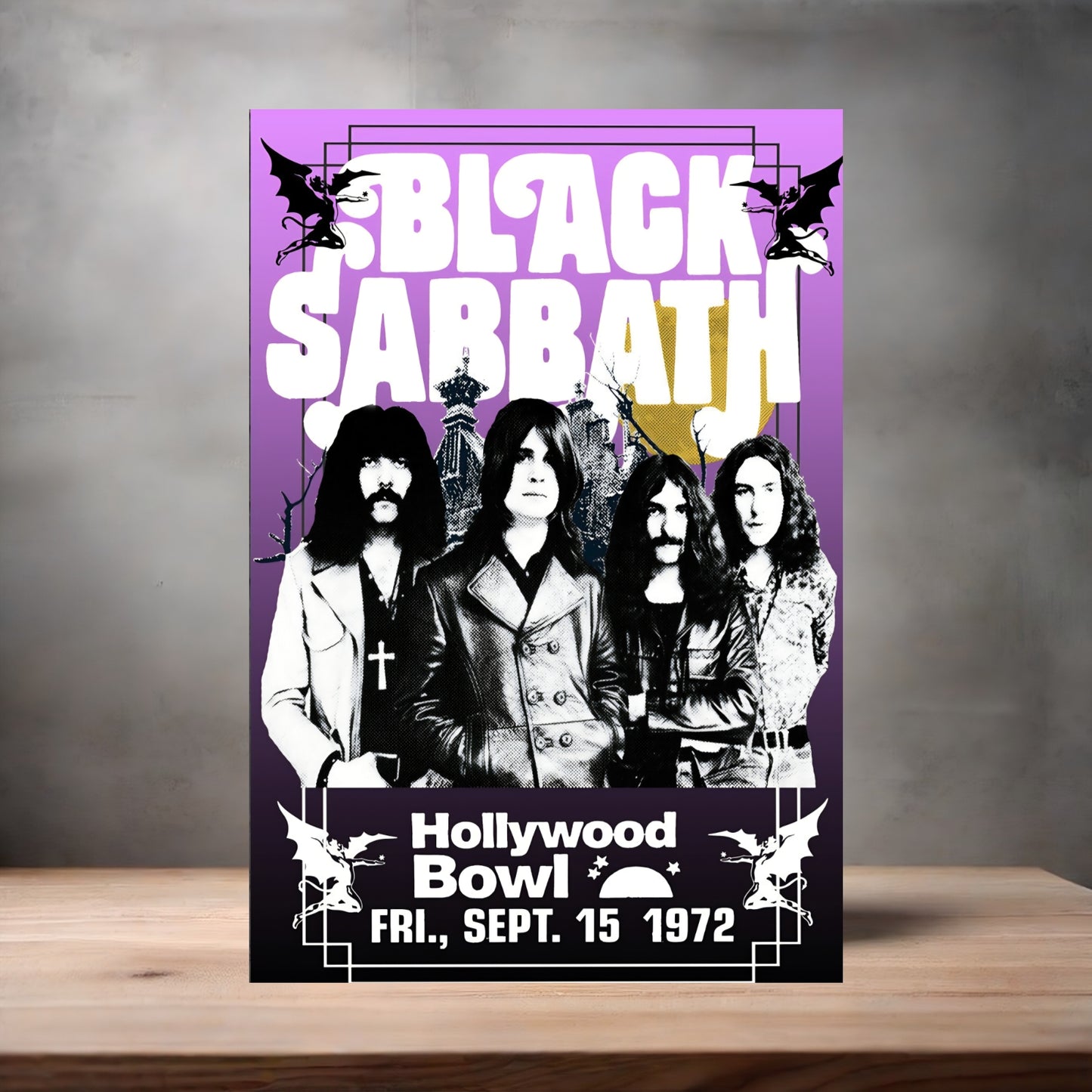 Black Sabbath Hollywood Bowl 1972 concert poster on aluminum print. Multiple sizes available