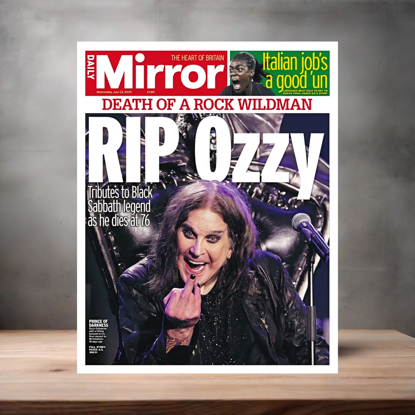 Daily Mirror RIP Ozzy poster on aluminum print. Multiple sizes available