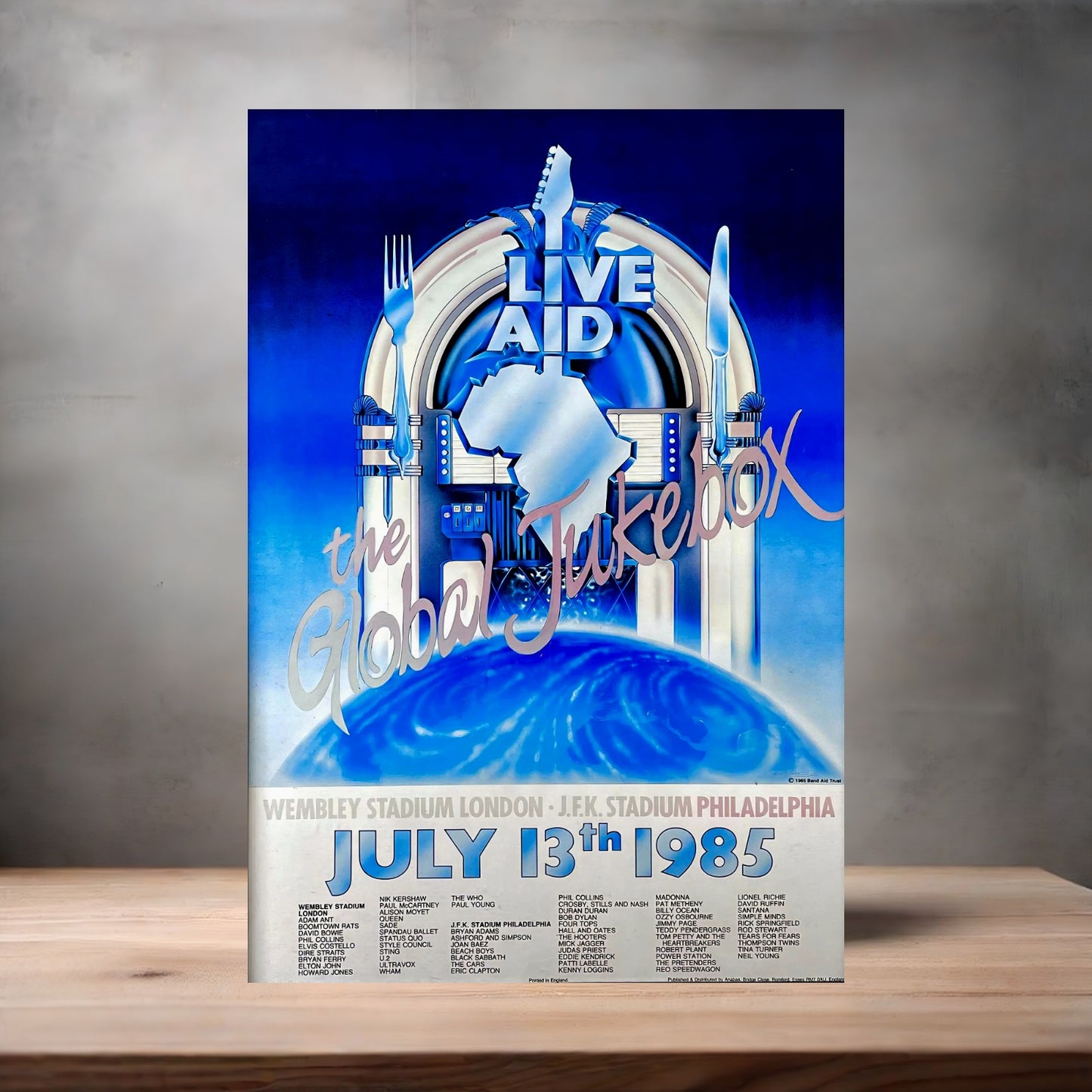 Live Aid 1985 Global Jukebox concert poster on aluminum print. Multiple sizes available