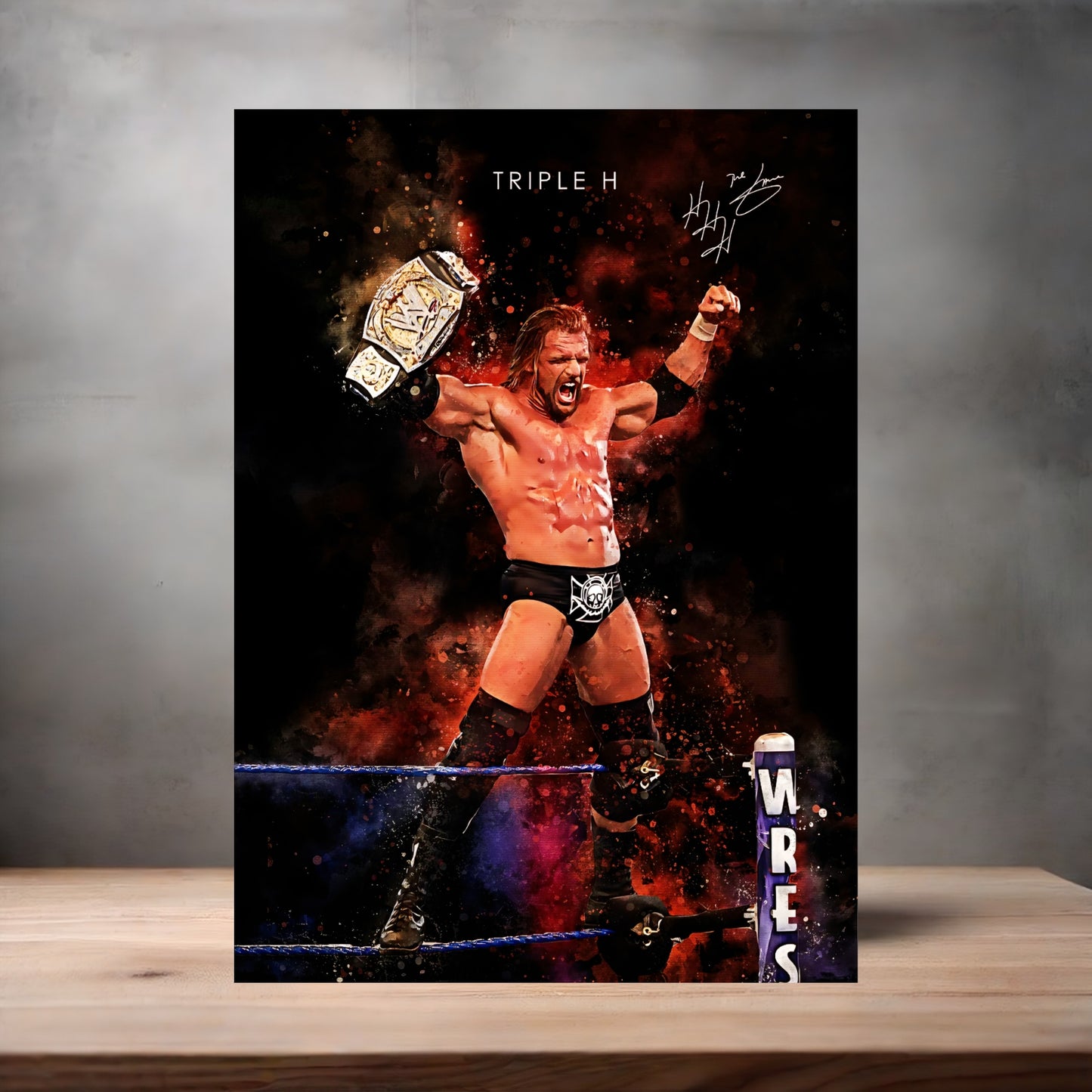 Triple H with Belt Wrestling poster on aluminum print. Multiple sizes available