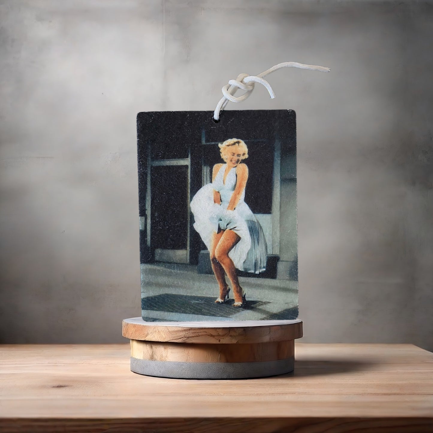 Marilyn Monroe iconic photo on car air freshener. Many scents to choose from