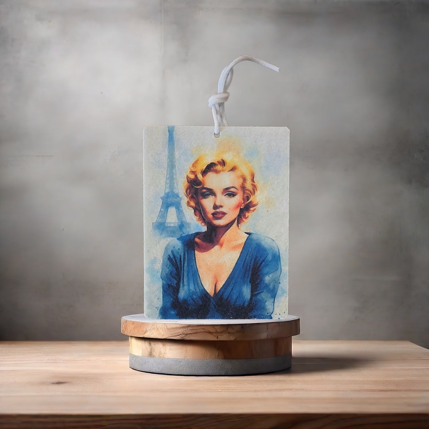 Marilyn Monroe watercolor photo on car air freshener. Many scents to choose from