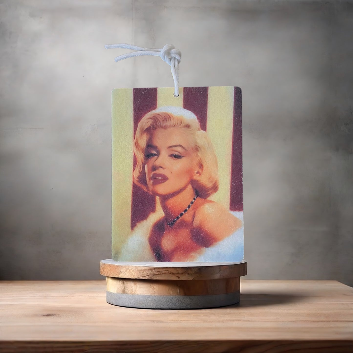 Marilyn Monroe flag photo on car air freshener. Many scents to choose from