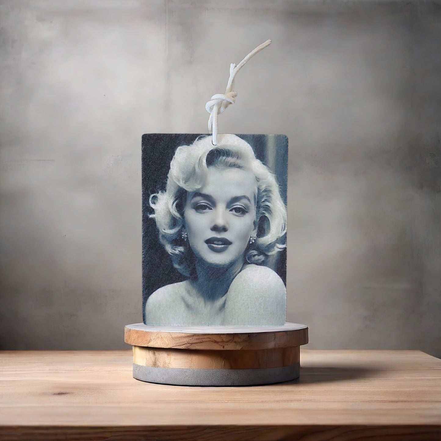 Marilyn Monroe black and white photo on car air freshener. Many scents to choose from