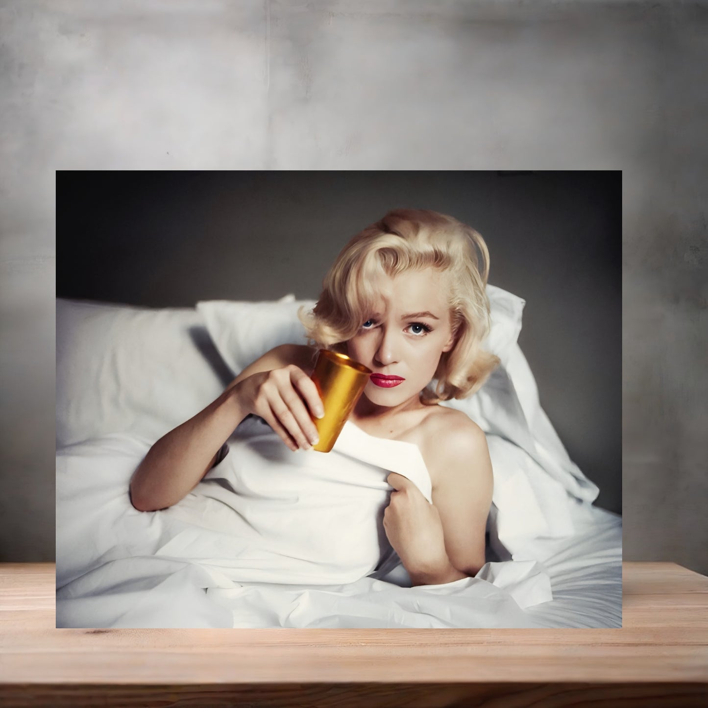 Marilyn Monroe laying in bed poster on aluminum print. Multiple sizes available