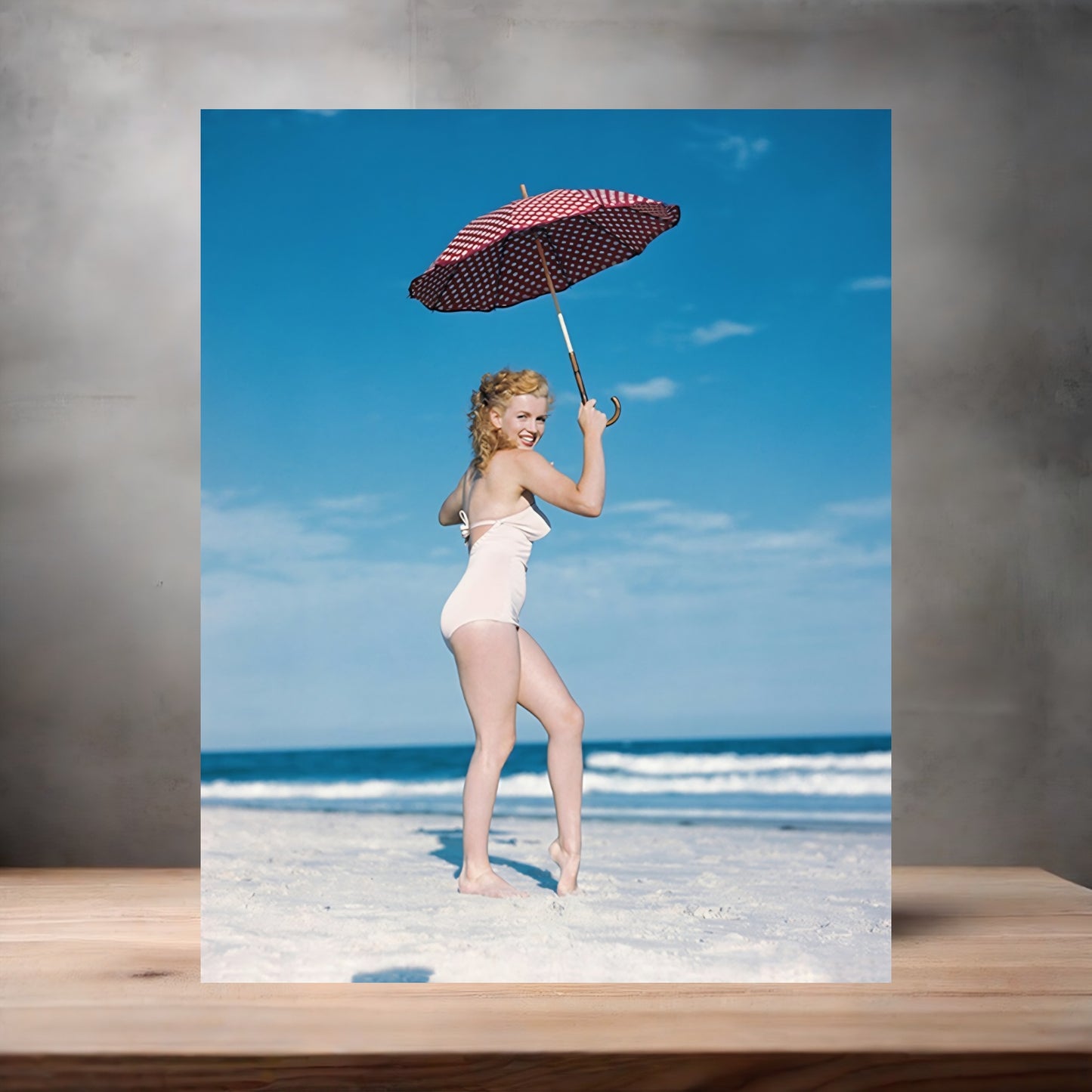 Marilyn Monroe beach umbrella poster on aluminum print. Multiple sizes available