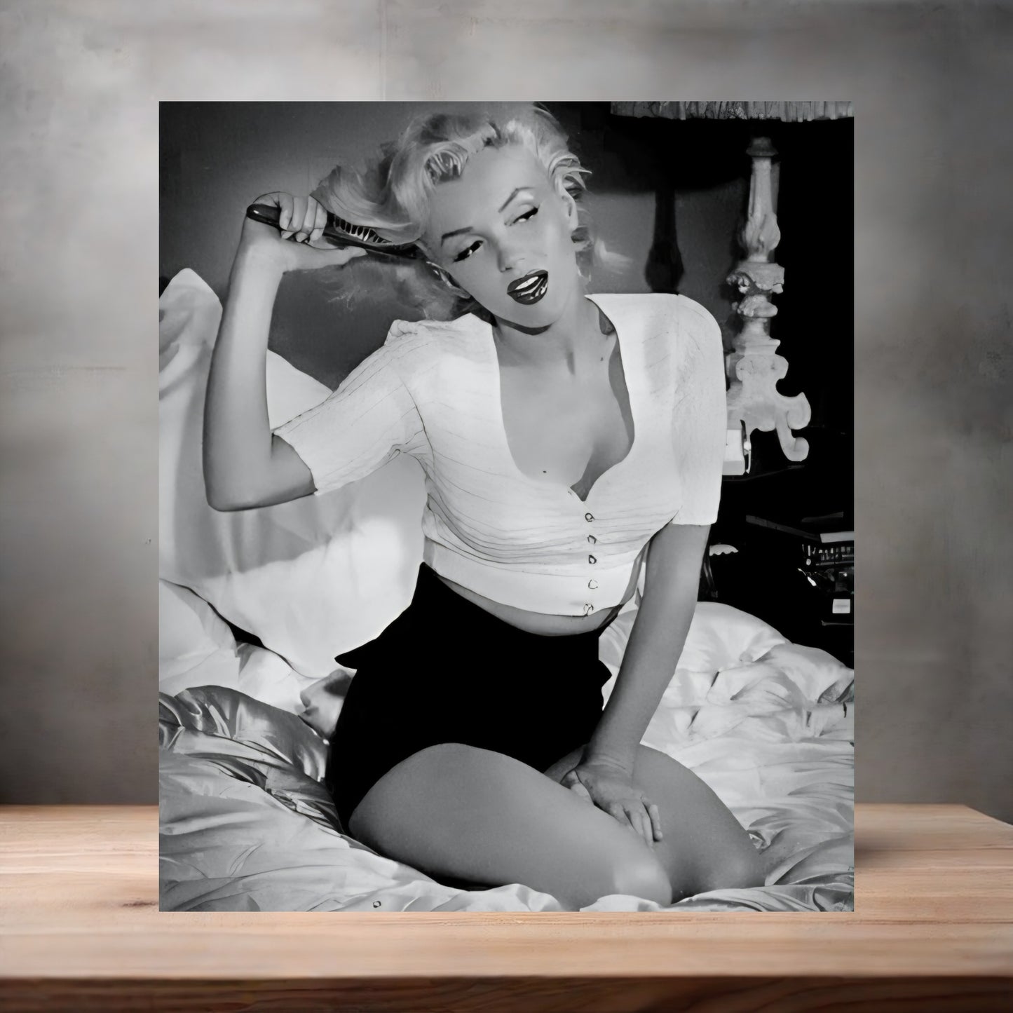 Adult Marilyn Monroe curling hair poster on aluminum print. Multiple sizes available