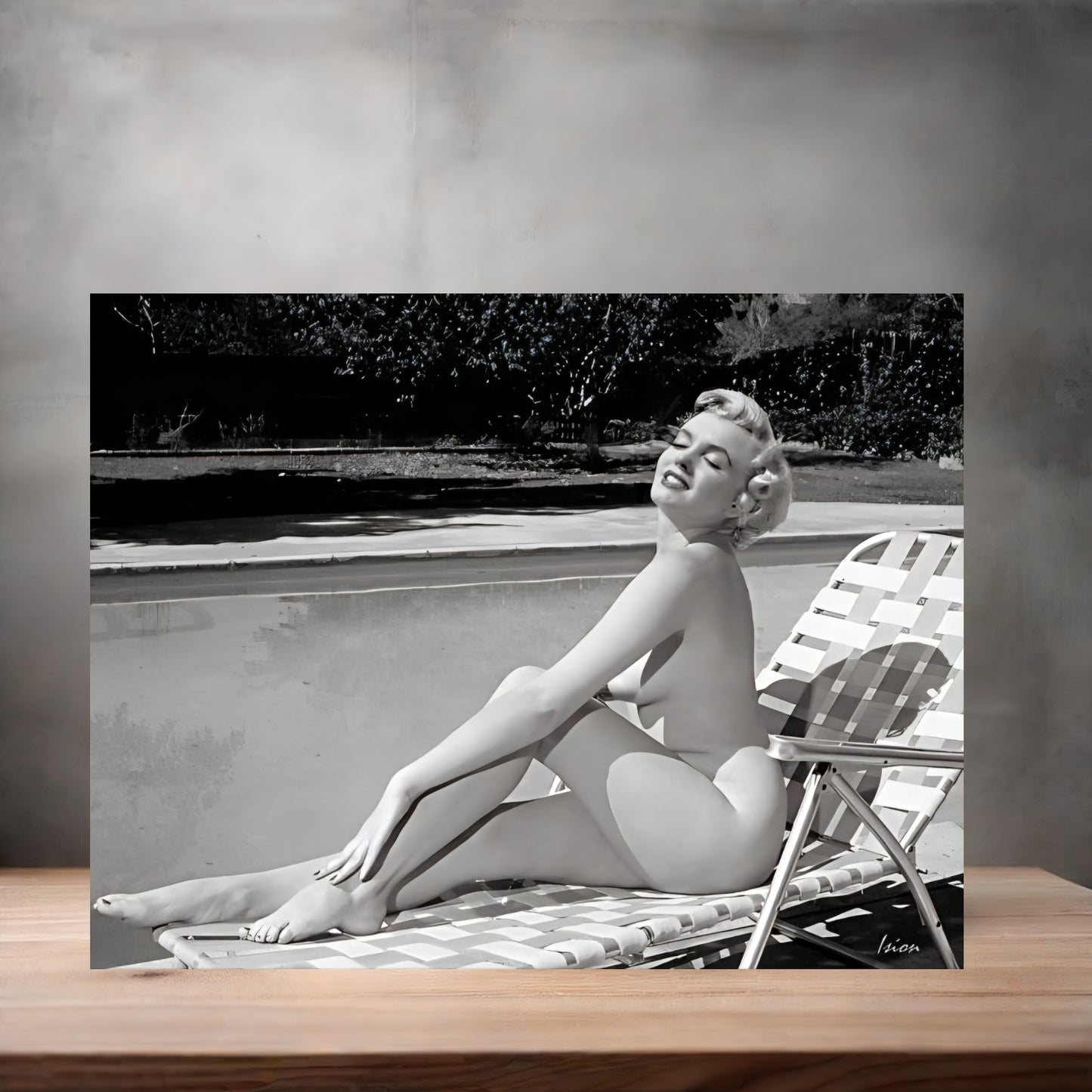 Adult Marilyn Monroe sunbathing poster on aluminum print. Multiple sizes available