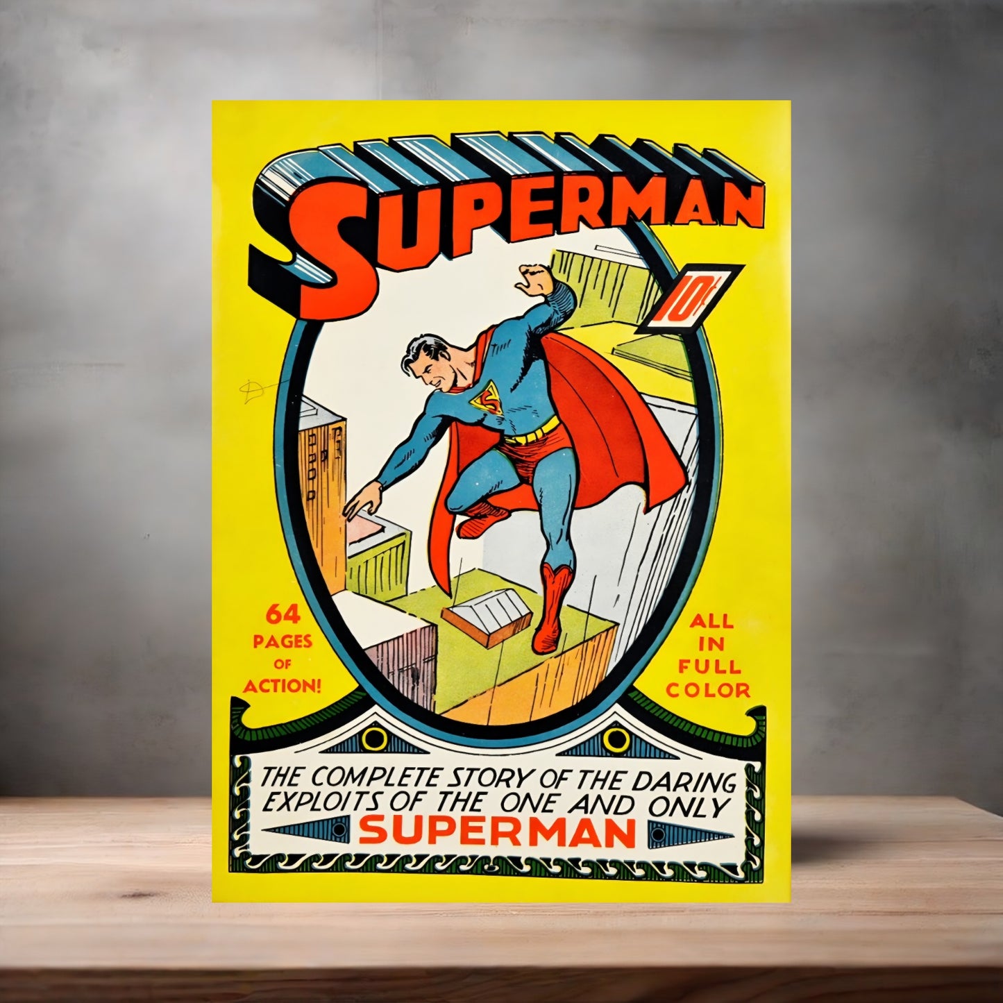 Vintage Superman comic book poster on aluminum print. Multiple sizes available.