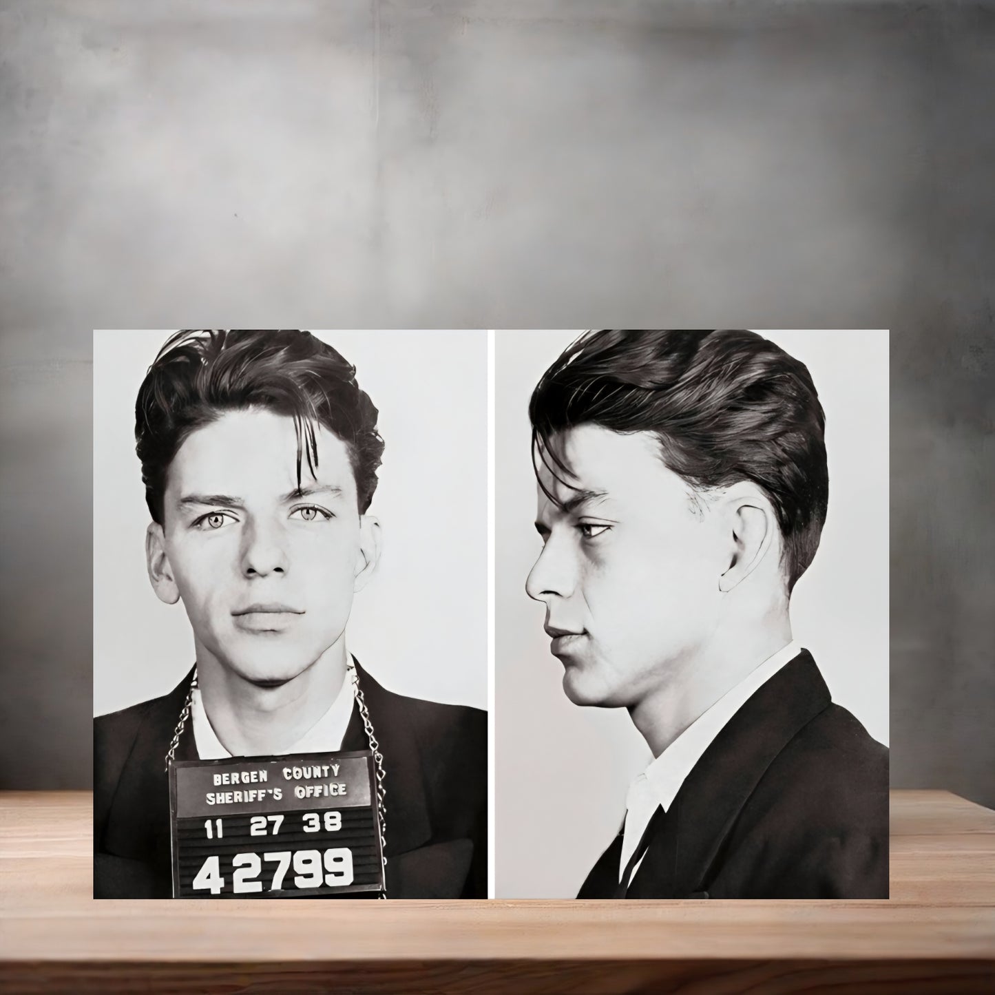 Frank Sinatra mugshot poster on aluminum print. Multiple sizes available