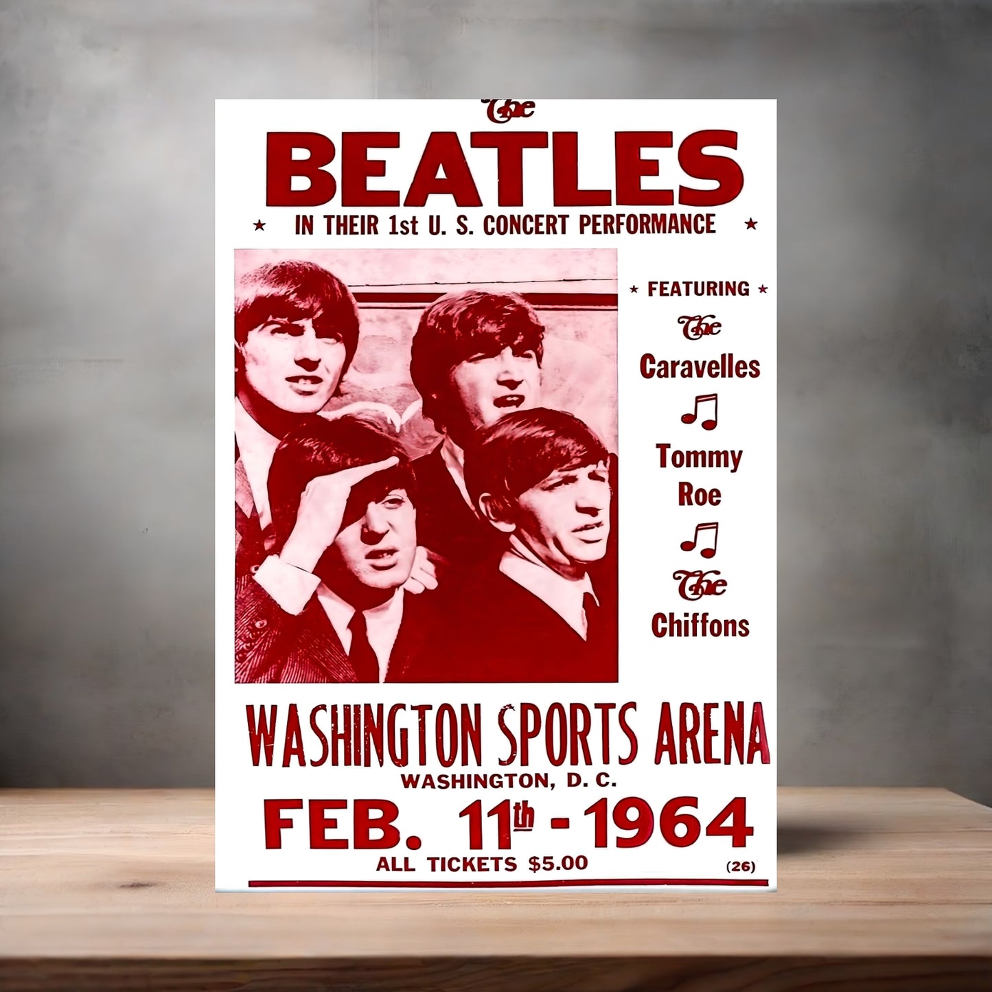 The Beatles 1964 concert poster on aluminum print. Multiple sizes available.