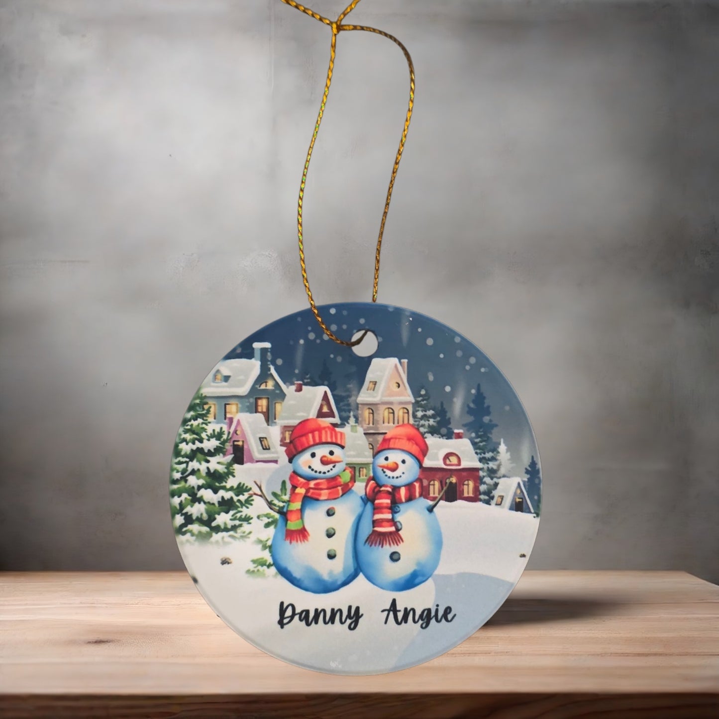 Custom Snowman Christmas ornaments , 3" round ceramic. Up to 5 Snowmen