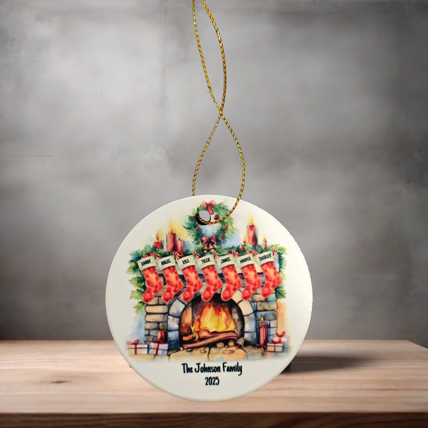 Custom Fireplace stocking Christmas ornaments , 3" round ceramic. Up to 8 stockings