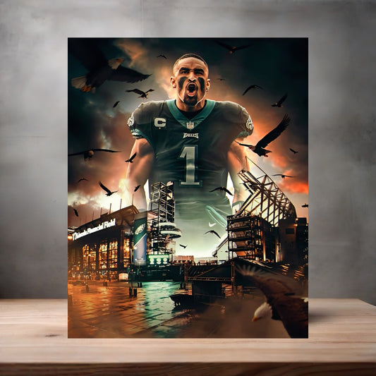 Philadelphia Eagles Jalen Hurts poster on aluminum print. Multiple sizes available.