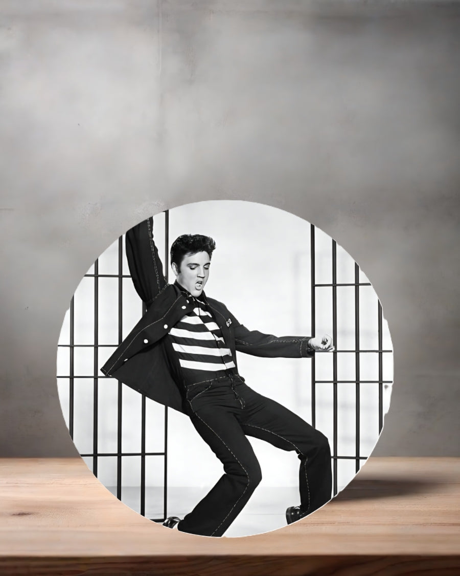 Elvis Presley Christmas ornament , 3" round ceramic. v15