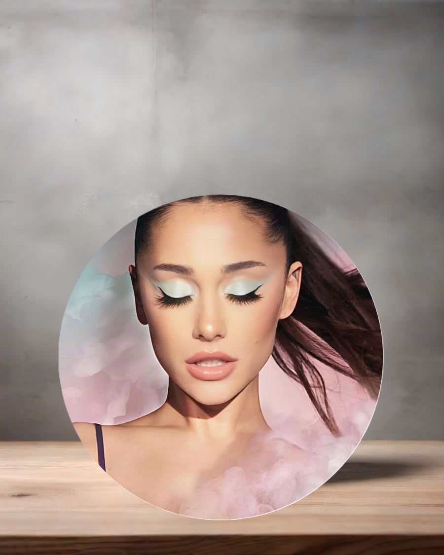 Ariana Grande Christmas ornament , 3" round ceramic. v7