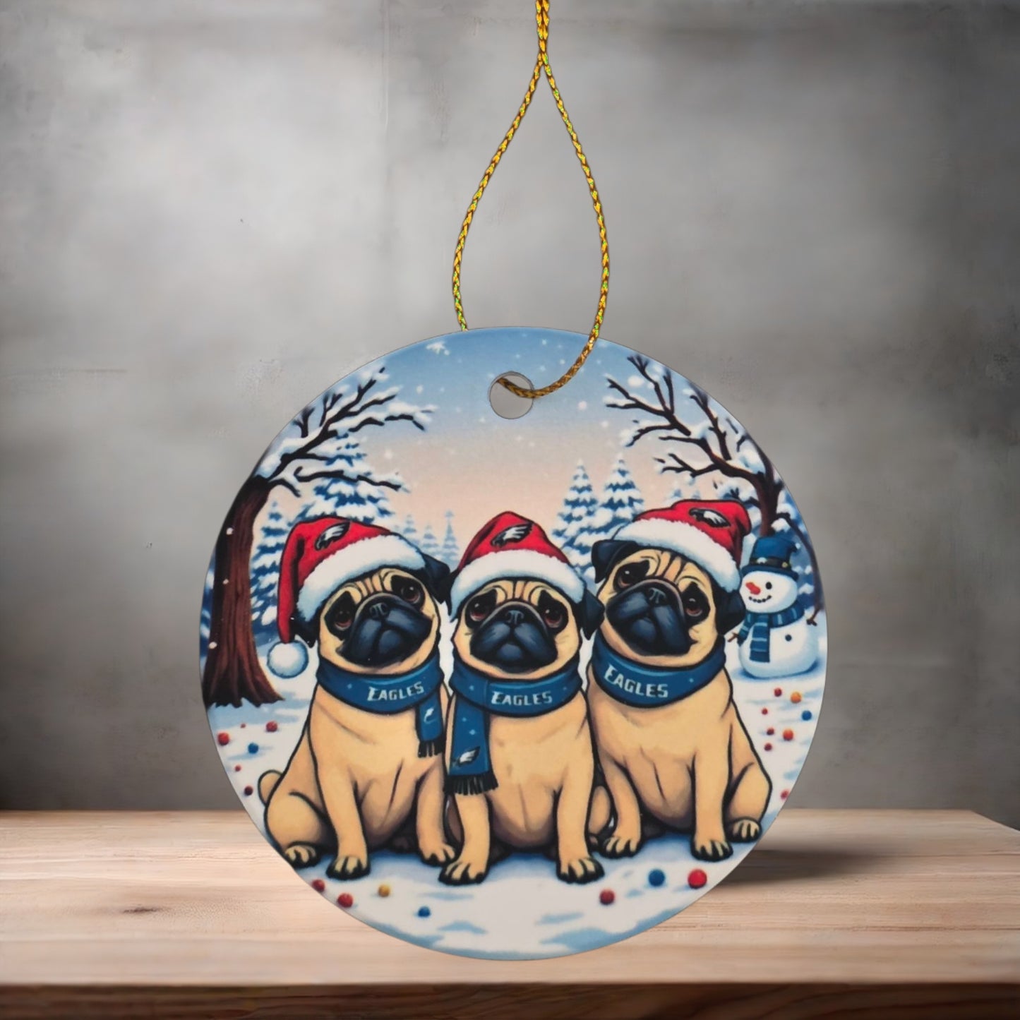 Pug puppies Philadelphia Eagles Christmas ornament , 3" round ceramic.