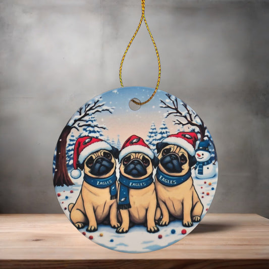 Pug puppies Philadelphia Eagles Christmas ornament , 3" round ceramic.