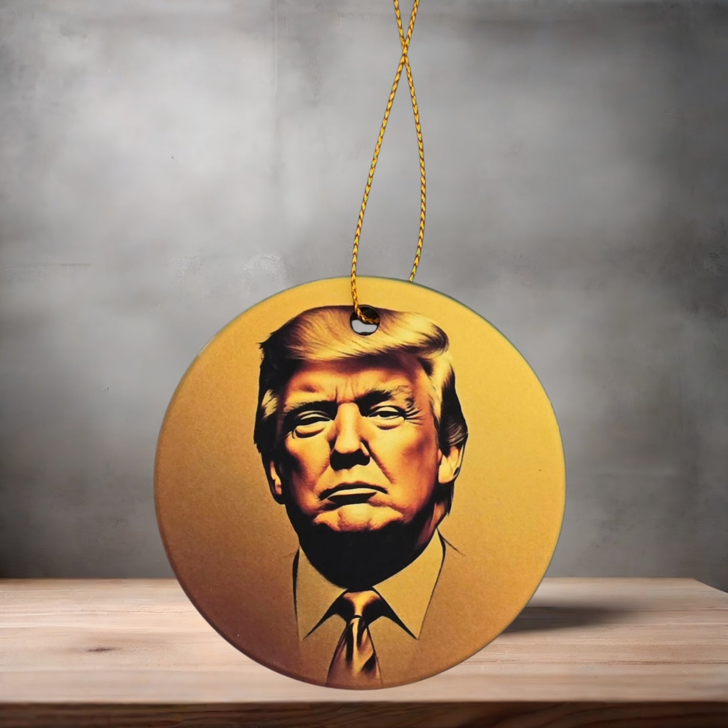 Donald Trump 3" round ceramic Christmas ornament. Black and Gold