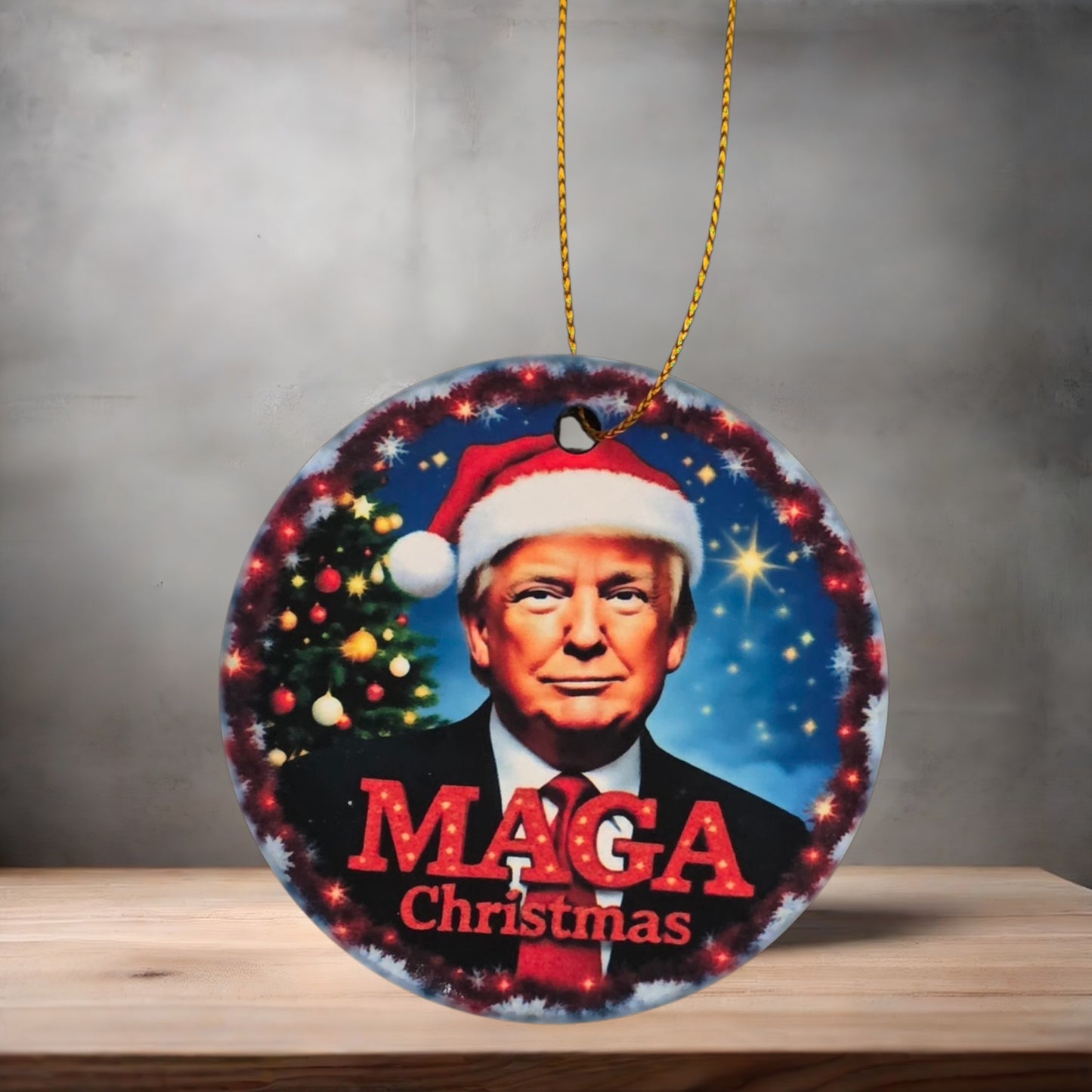 Donald Trump 3" round ceramic Christmas ornament. MAGA Christmas