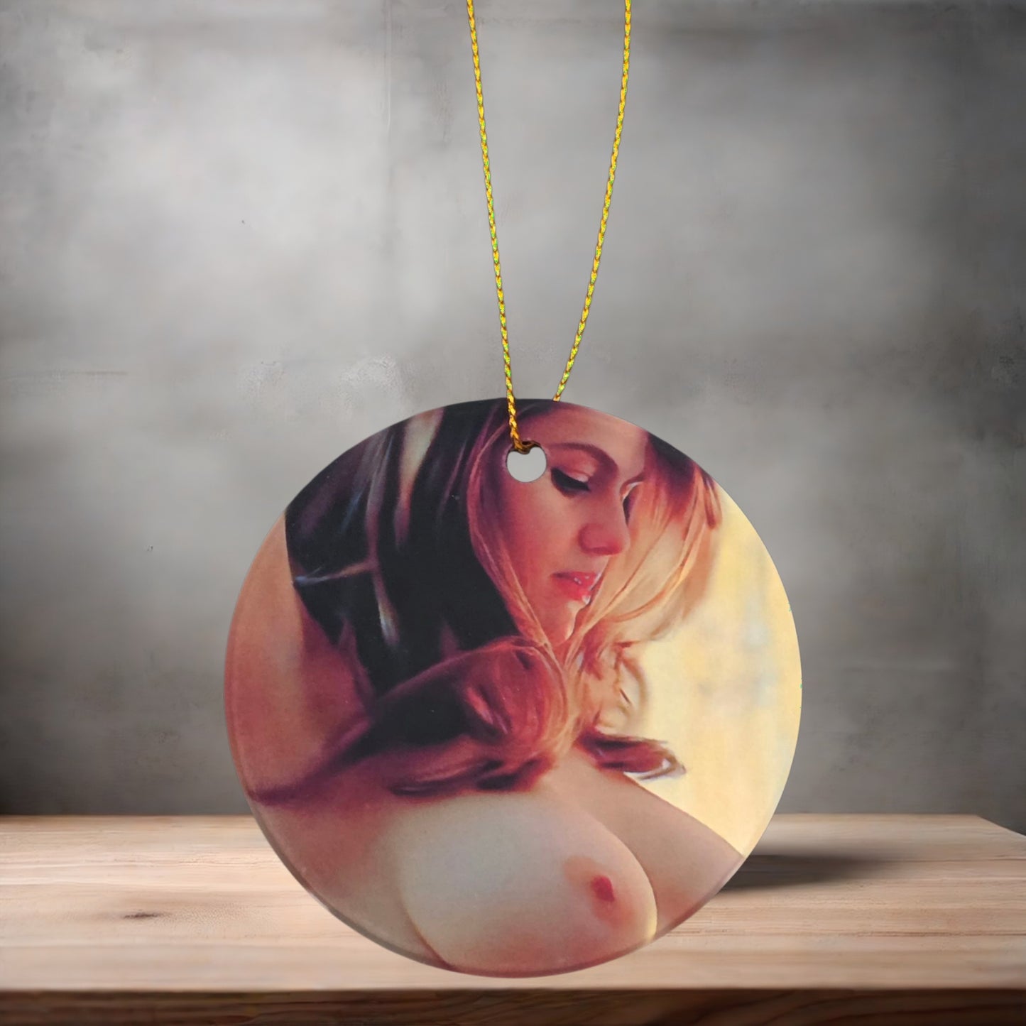 Sexy Alexandra Daddario 3" round ceramic Christmas ornament. Nude