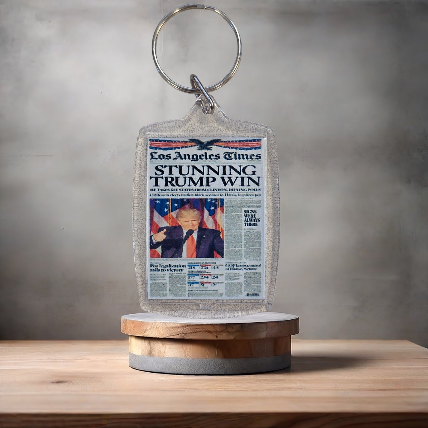 Donald Trump wins election newspaper keychain on aluminum prints.