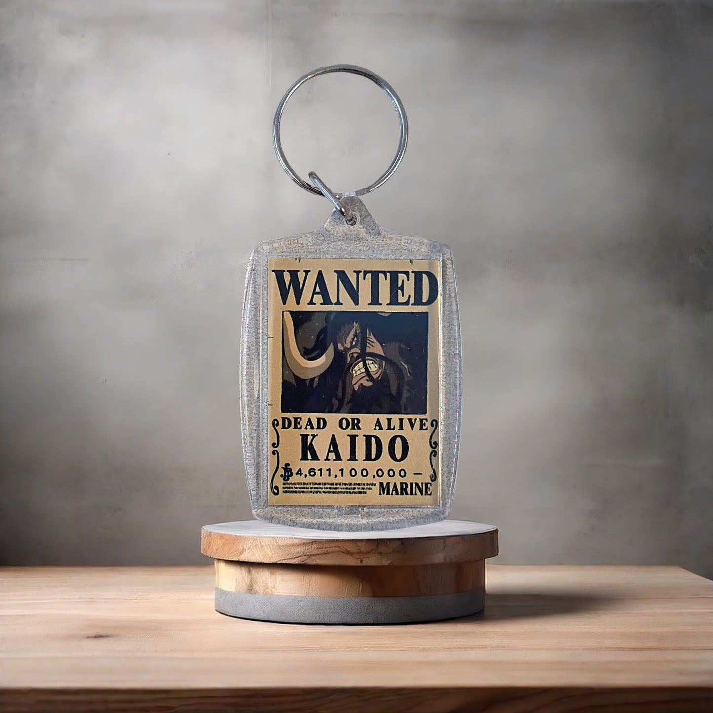 One Piece Anime Wanted poster keychain on 2 aluminum prints. Kaido