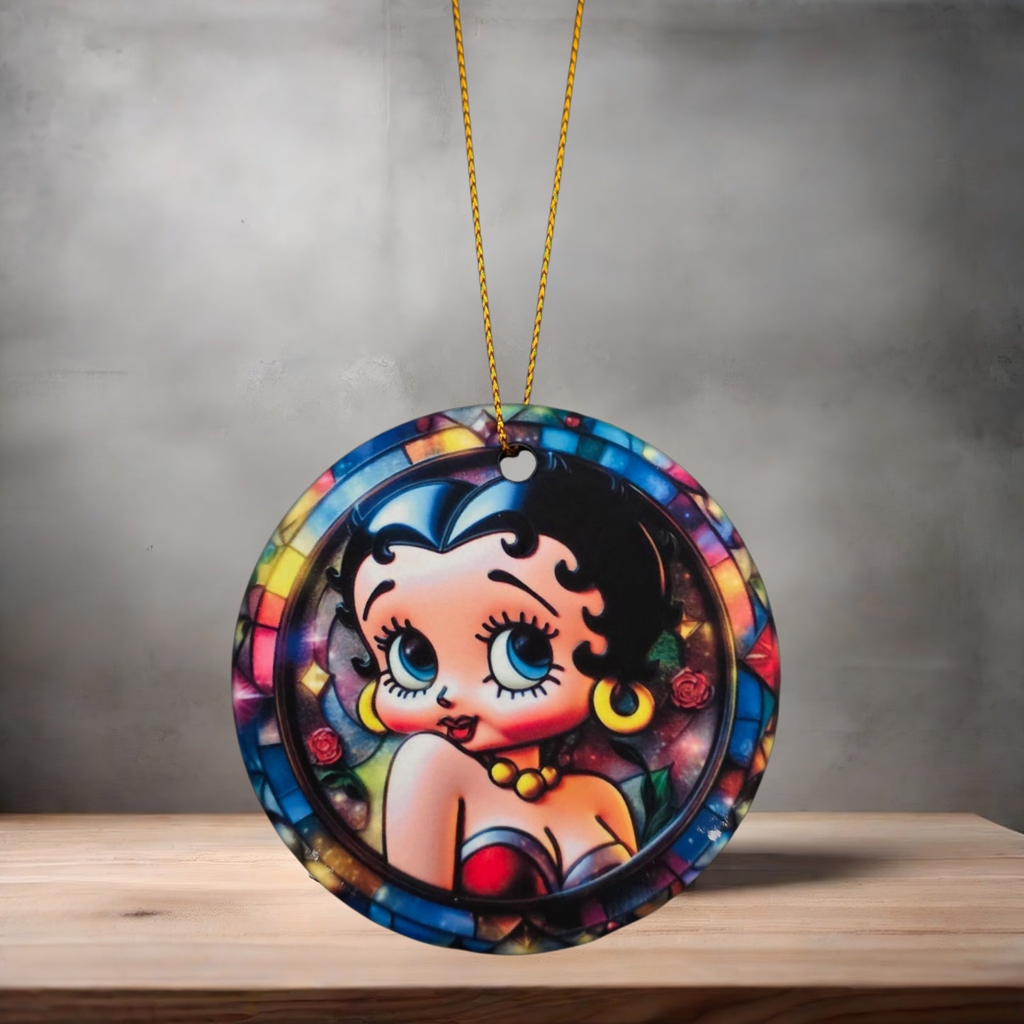 Betty Boop Christmas ornament , 3" round ceramic. V2