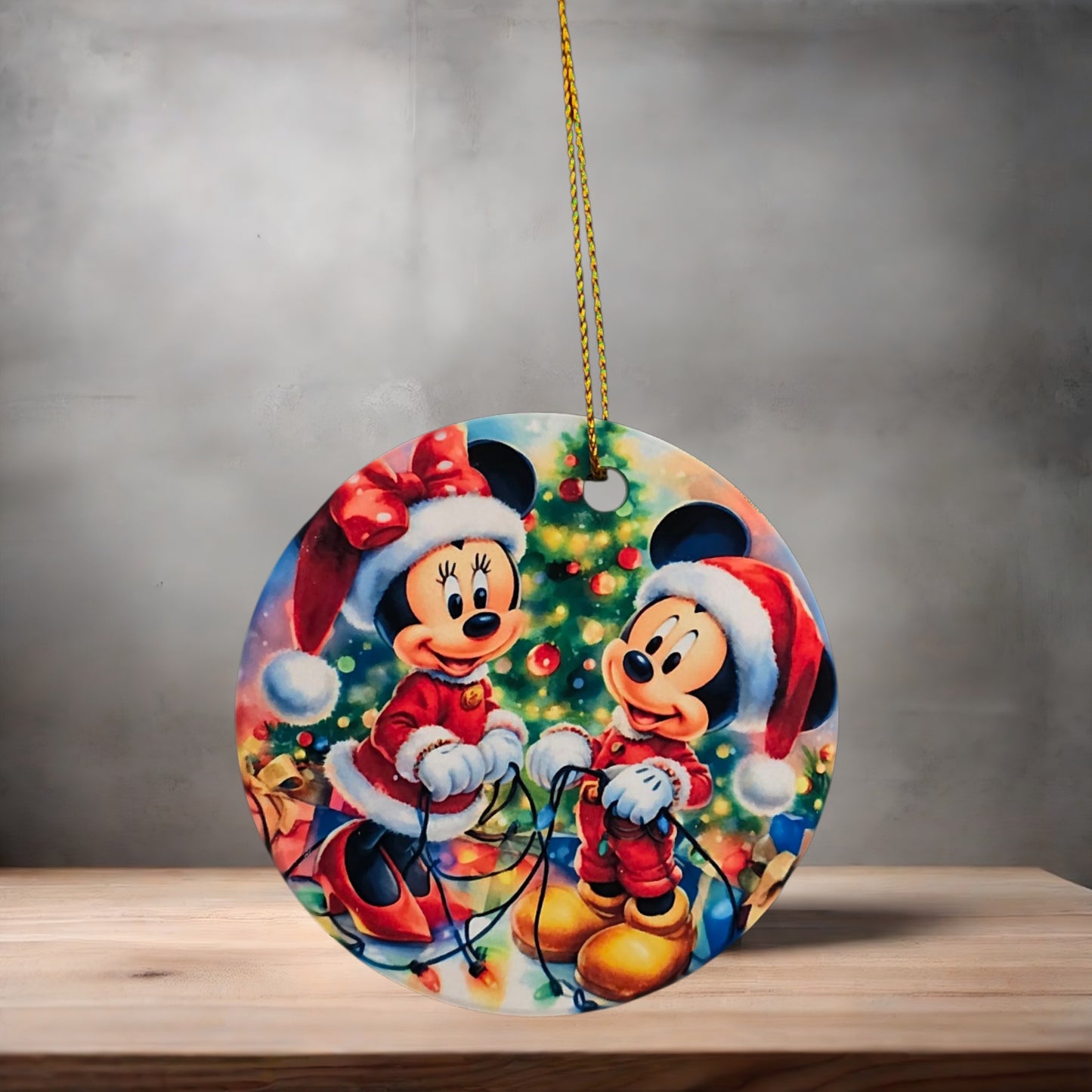 Mickey and Minnie Mouse Christmas ornament , 3" round ceramic.
