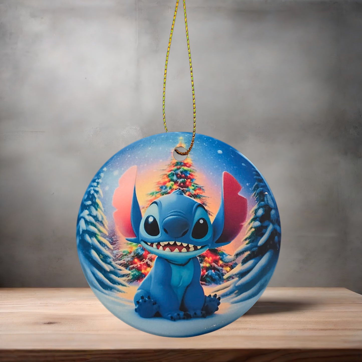 Stitch Christmas ornament , 3" round ceramic.