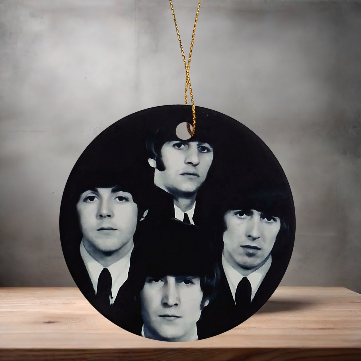 The Beatles band Christmas ornament , 3" round ceramic.