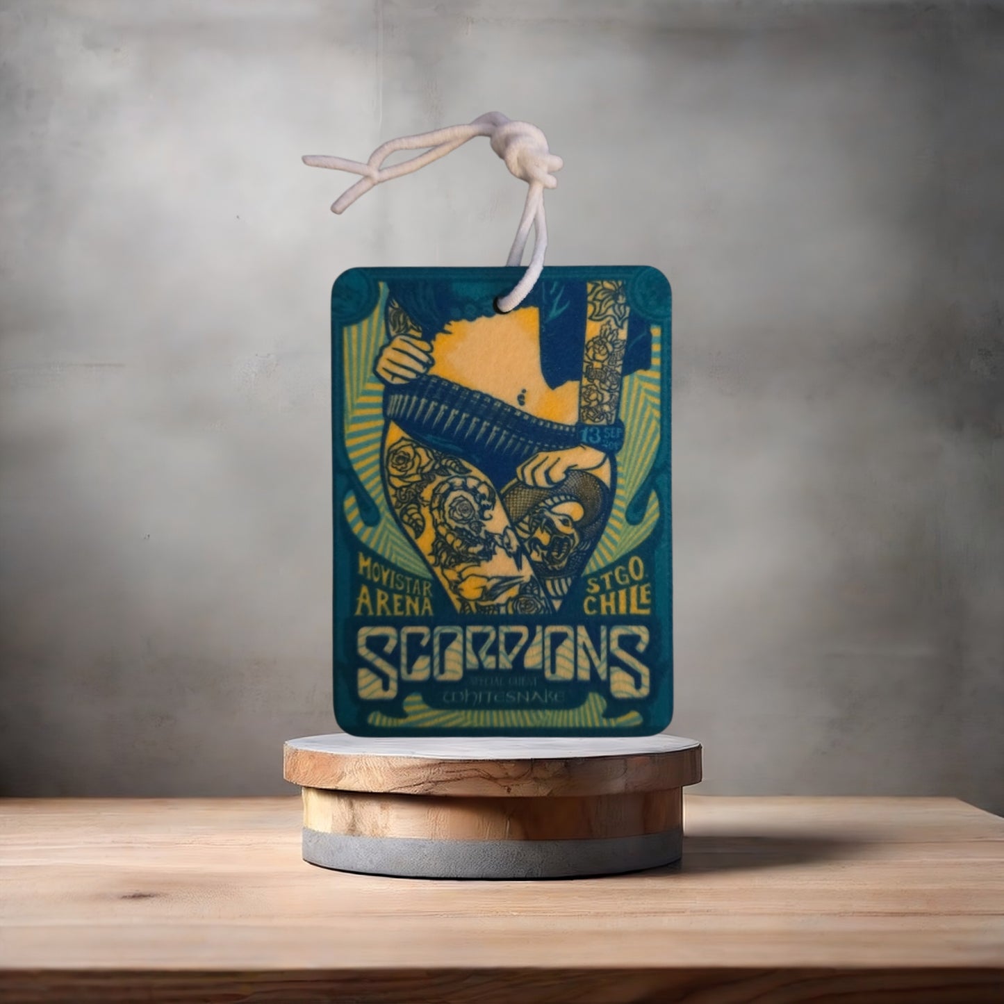 Scorpions concert poster car air freshener. Many scents to choose from.
