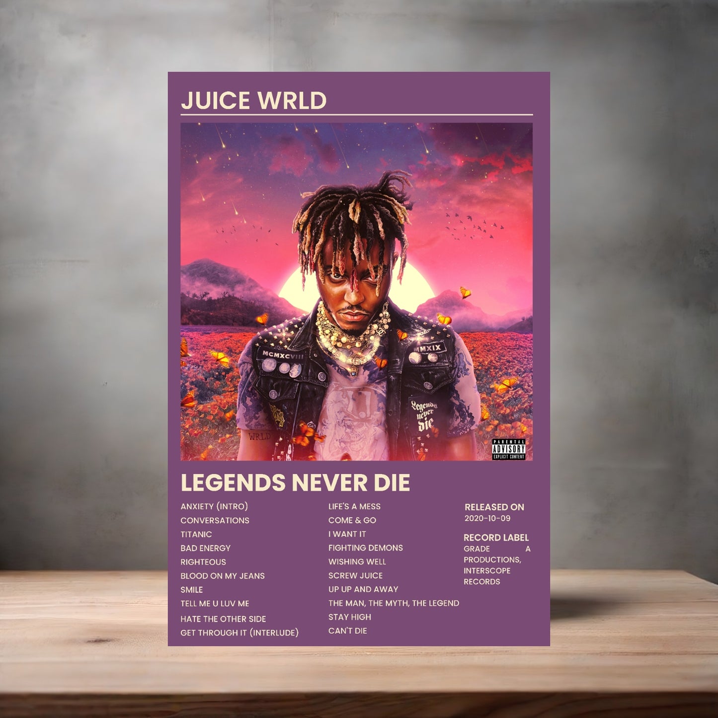 Juice Wrld aluminum poster. Multiple sizes available. Legends Never Die