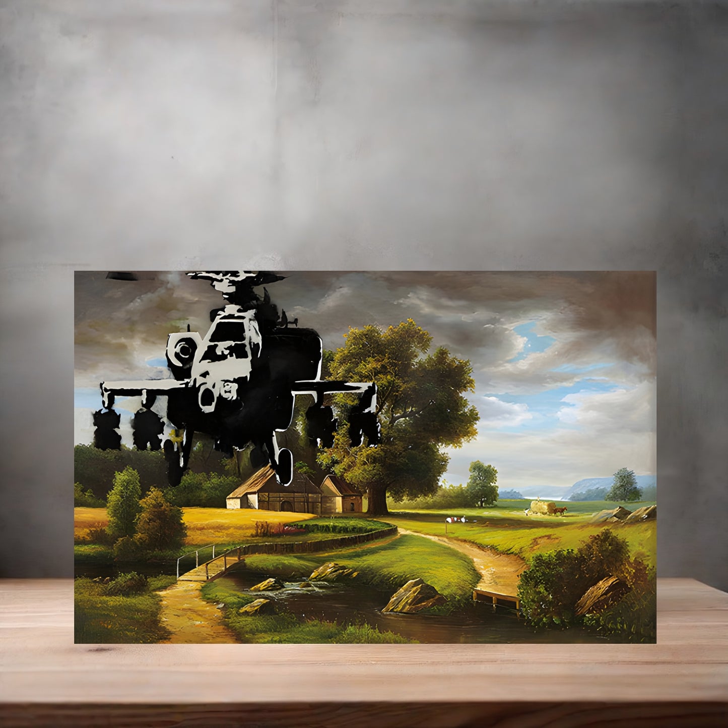 Banksy Graffiti Pop Art metal poster. Multiple sizes available. Apache Helicopter over Farm Field