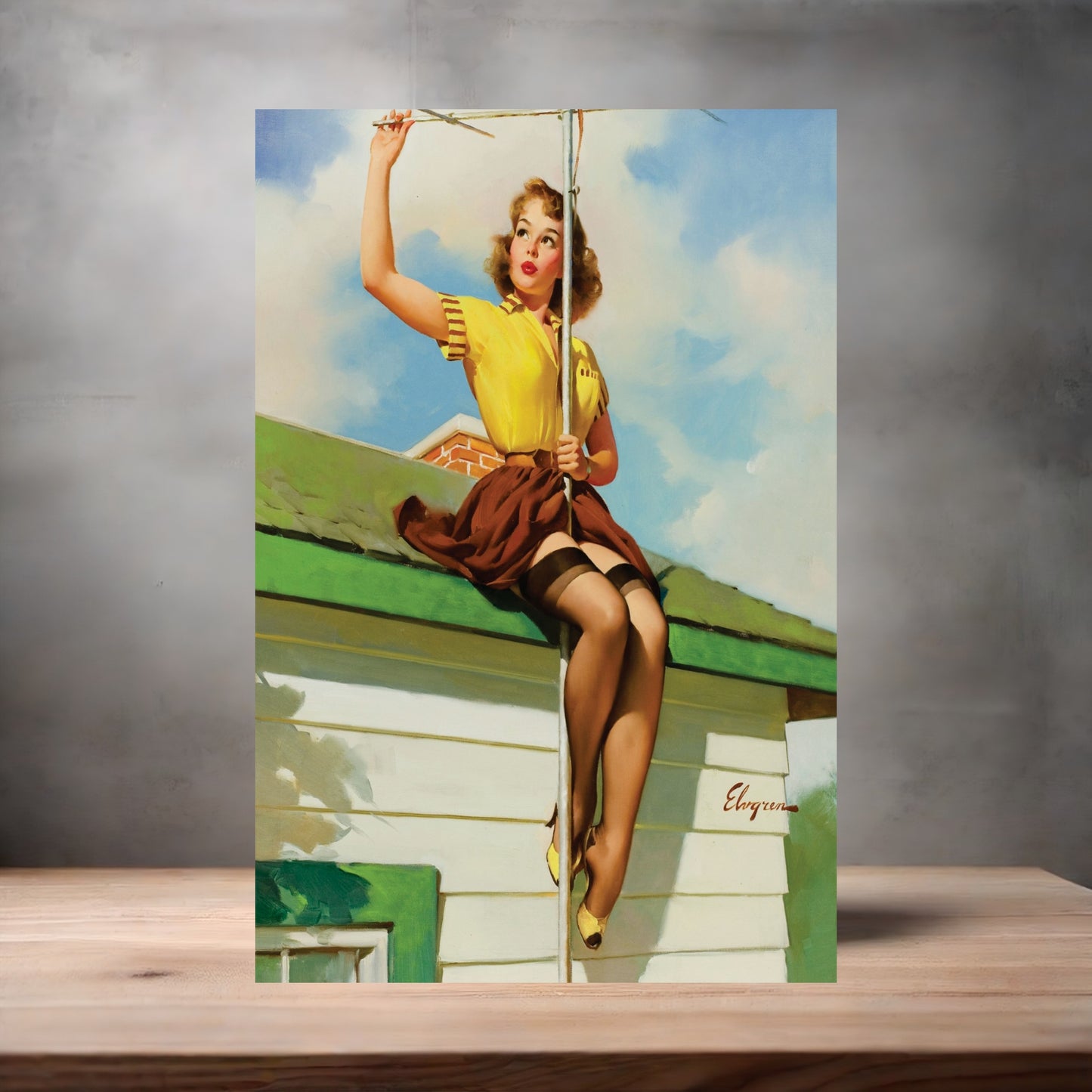 Gil Elvgren Pin-up painting on metal poster. Multiple sizes available. T.V. Spectacular