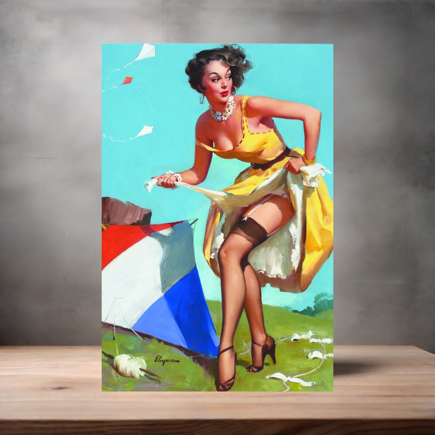 Gil Elvgren Pin-up painting on metal poster. Multiple sizes available. Kite girl