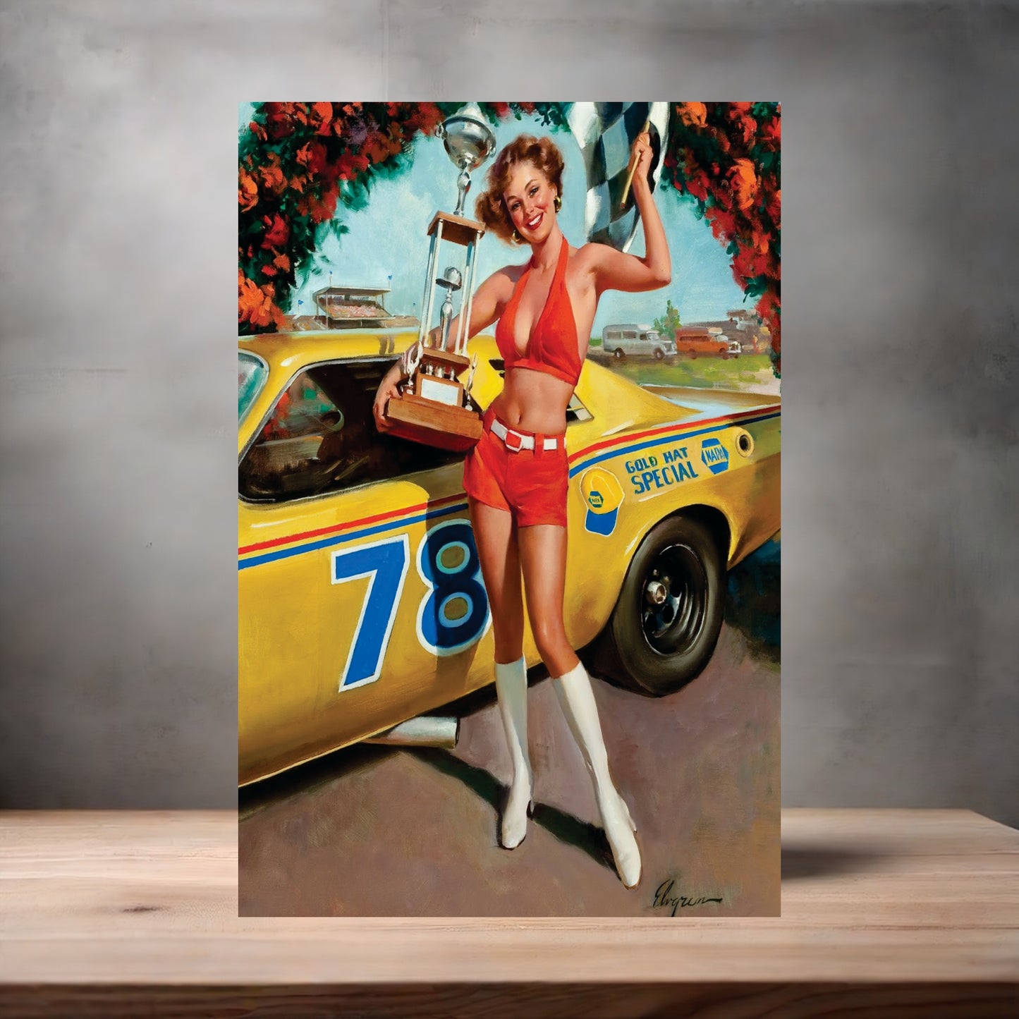 Gil Elvgren Pin-up painting on metal poster. Multiple sizes available. NAPA Nascar girl