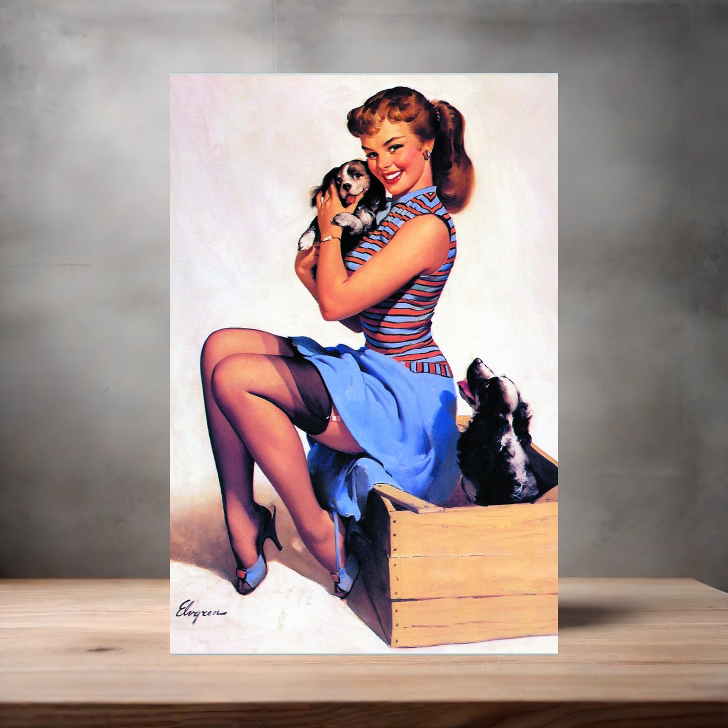 Gil Elvgren Pin-up painting on metal poster. Multiple sizes available. Puppy Love