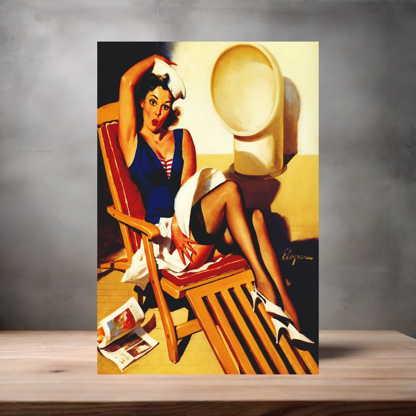 Gil Elvgren Pin-up painting on metal poster. Multiple sizes available. Skirts Ahoy