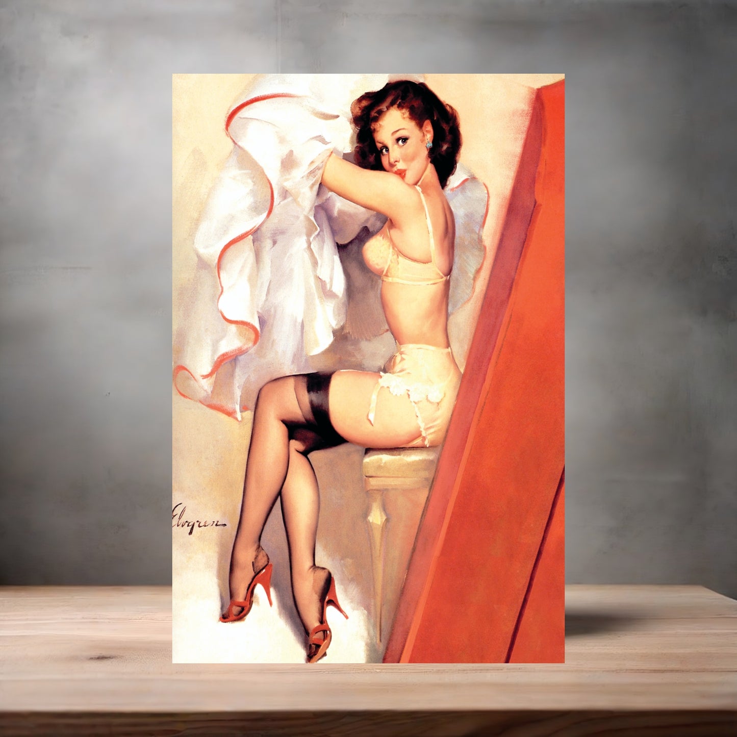 Gil Elvgren Pin-up painting on metal poster. Multiple sizes available. Getting dressed