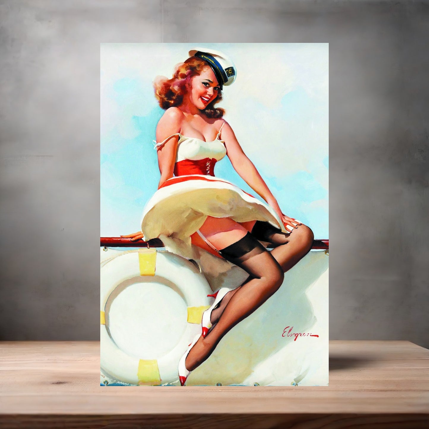 Gil Elvgren Pin-up painting on metal poster. Multiple sizes available. All hands on deck