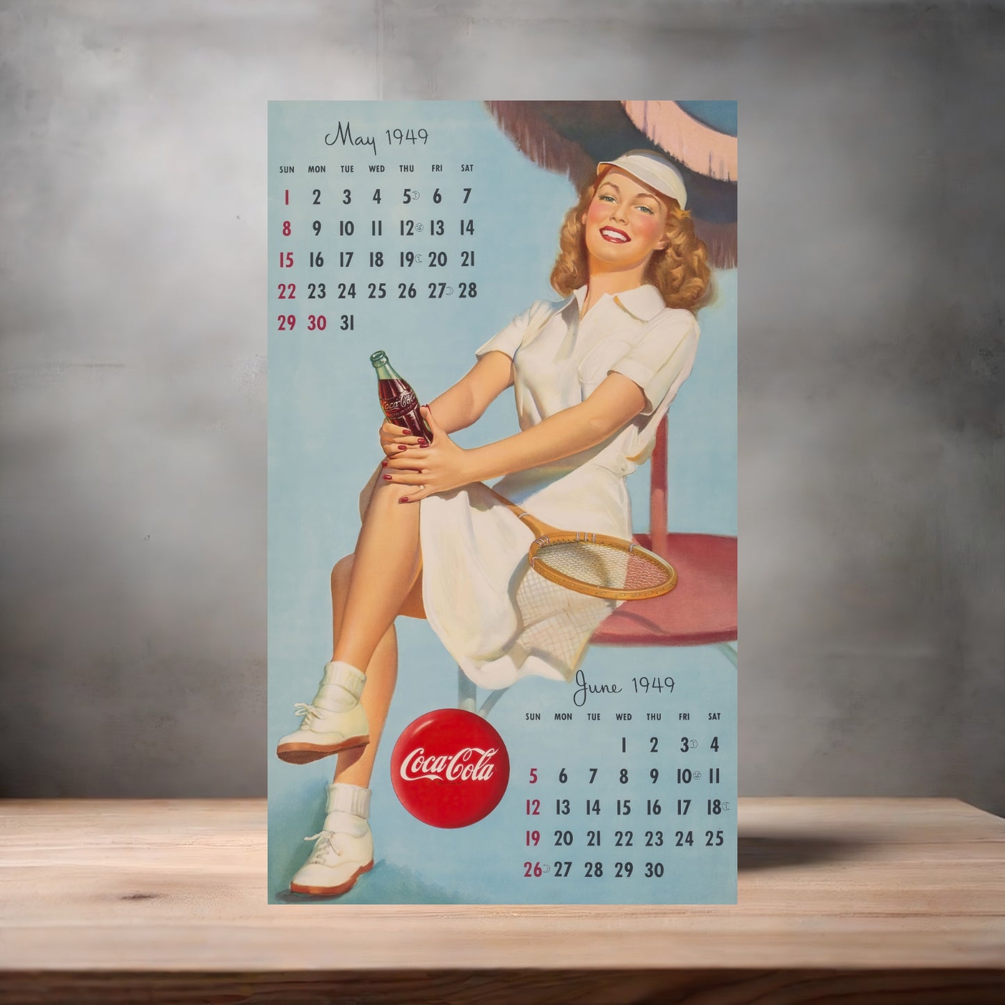 Gil Elvgren Pin-up Coca-Cola 1949 Calendar metal poster. Multiple sizes available. May June
