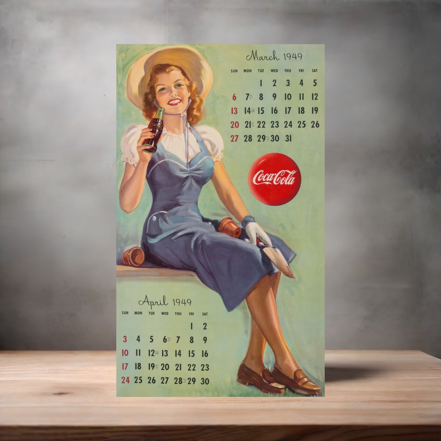 Gil Elvgren Pin-up Coca-Cola 1949 Calendar metal poster. Multiple sizes available. March April